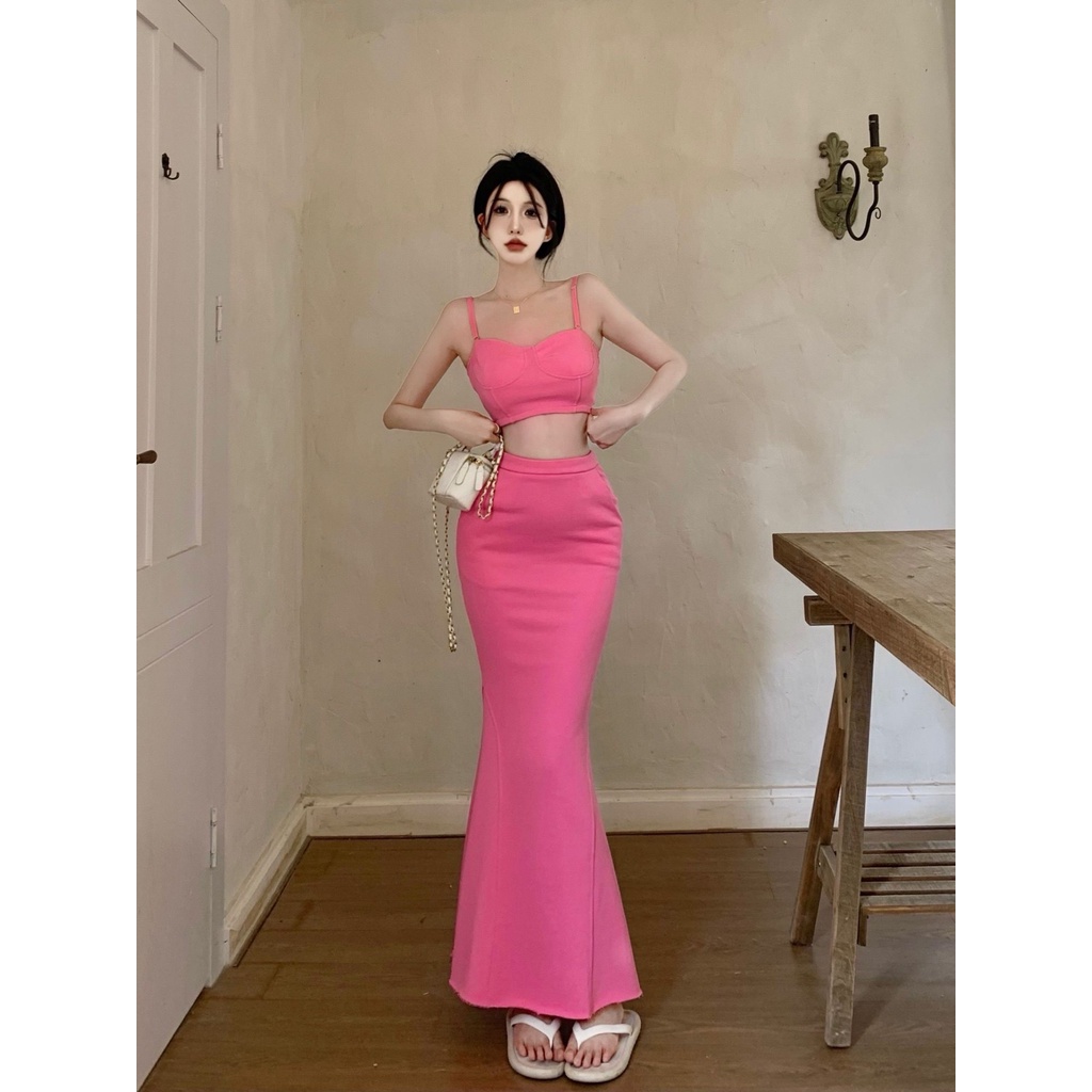 Bộ Áo Ống Màu Trơn + Chân Váy Đuôi Cá Lưng Cao Thời Trang Mùa Hè Quyến Rũ Cho Nữ