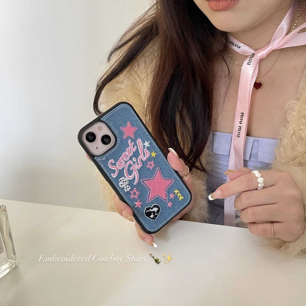 Ốp Điện Thoại Vải Denim Thêu Hình Pink XINGX Bảo Vệ Toàn Diện Cho Apple Iphone 14 13Promax 12
