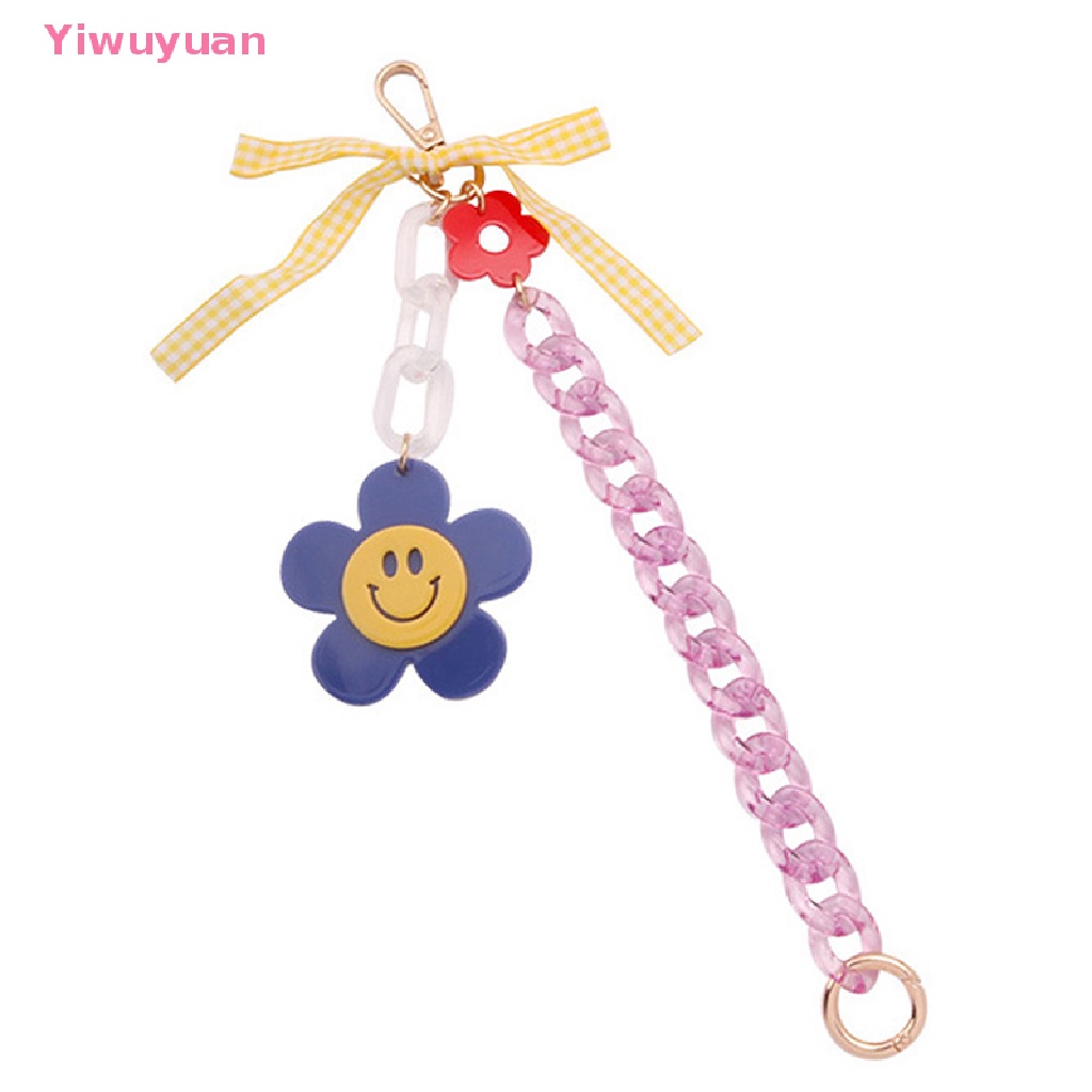 < Yiwuyuan > Móc Khóa Hình Hoa Hướng Dương Mặt Cười Bằng Acrylic Có Dây Ruy Băng Thắt Nơ Kẻ Sọc