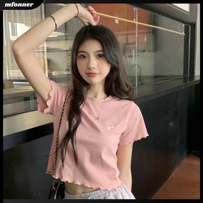 Áo Croptop Ngắn Tay Cổ Tròn Thêu Họa Tiết Ngọt Ngào