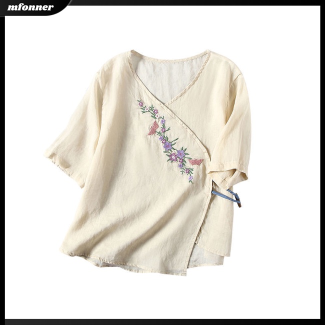 Áo Thun Cotton Lanh Tay Ngắn Dáng Rộng Thêu Hoa Kiểu Retro Thời Trang Mùa Hè Cho Bạn Gái