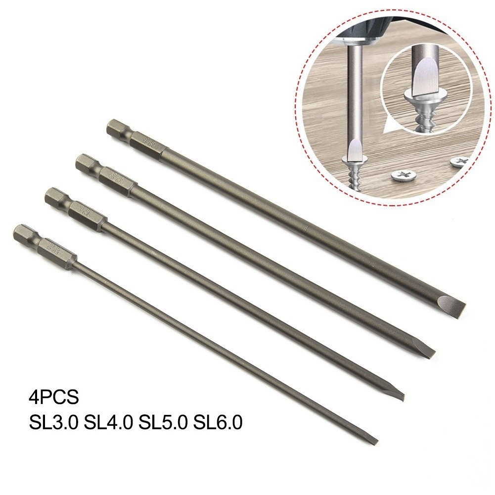 Bộ 4 Chiếc Mũi Khoan Từ Tính 150mm Rãnh 3mm-6mm Đầu Phẳng 1 / 4 "Hex Shank