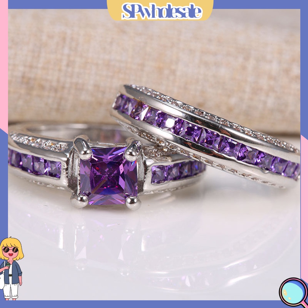 <SPwholesale> Bộ 2 Nhẫn Cưới Công Chúa Đính Đá Thạch Anh Tím