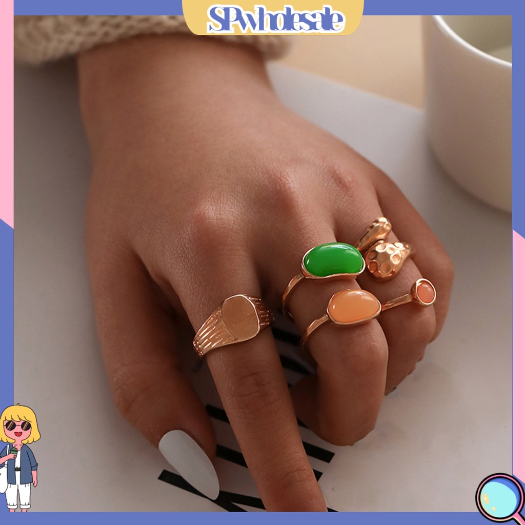 <SPwholesale> Bộ 5 Nhẫn Hợp Kim Đính Đá Quý Nhân Tạo Sang Trọng