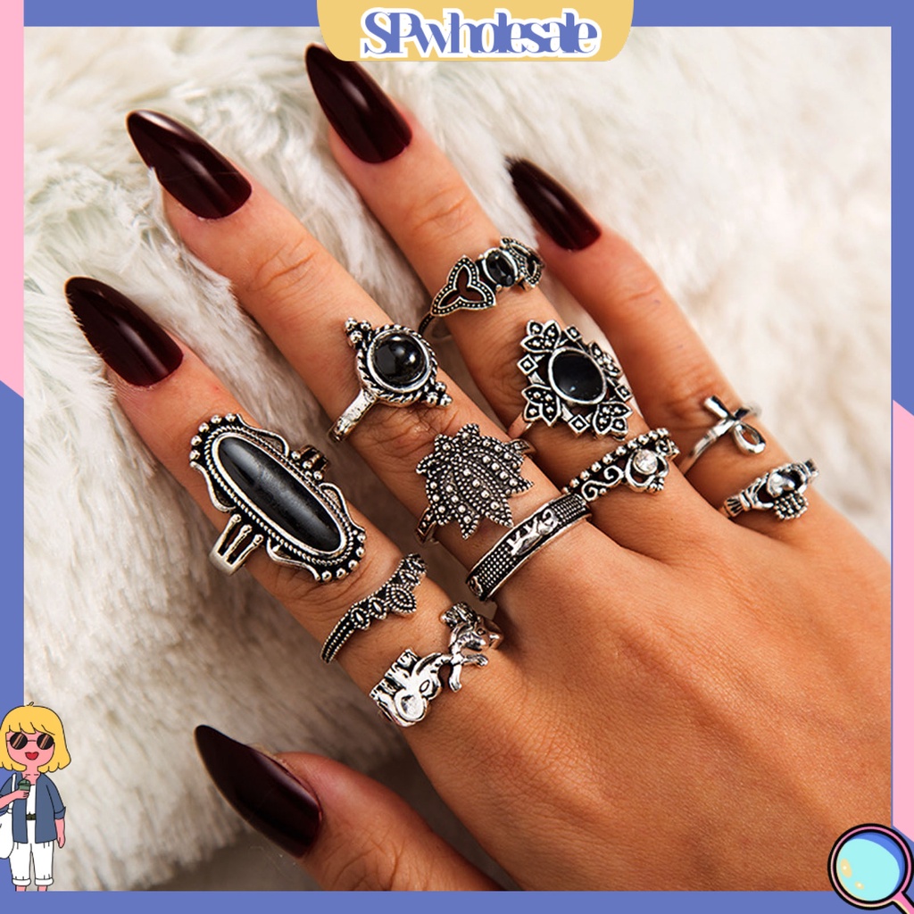 <SPwholesale> Bộ 11 Nhẫn Hợp Kim Đính Đá Nhân Tạo Màu Đen Phong Cách Bohemian