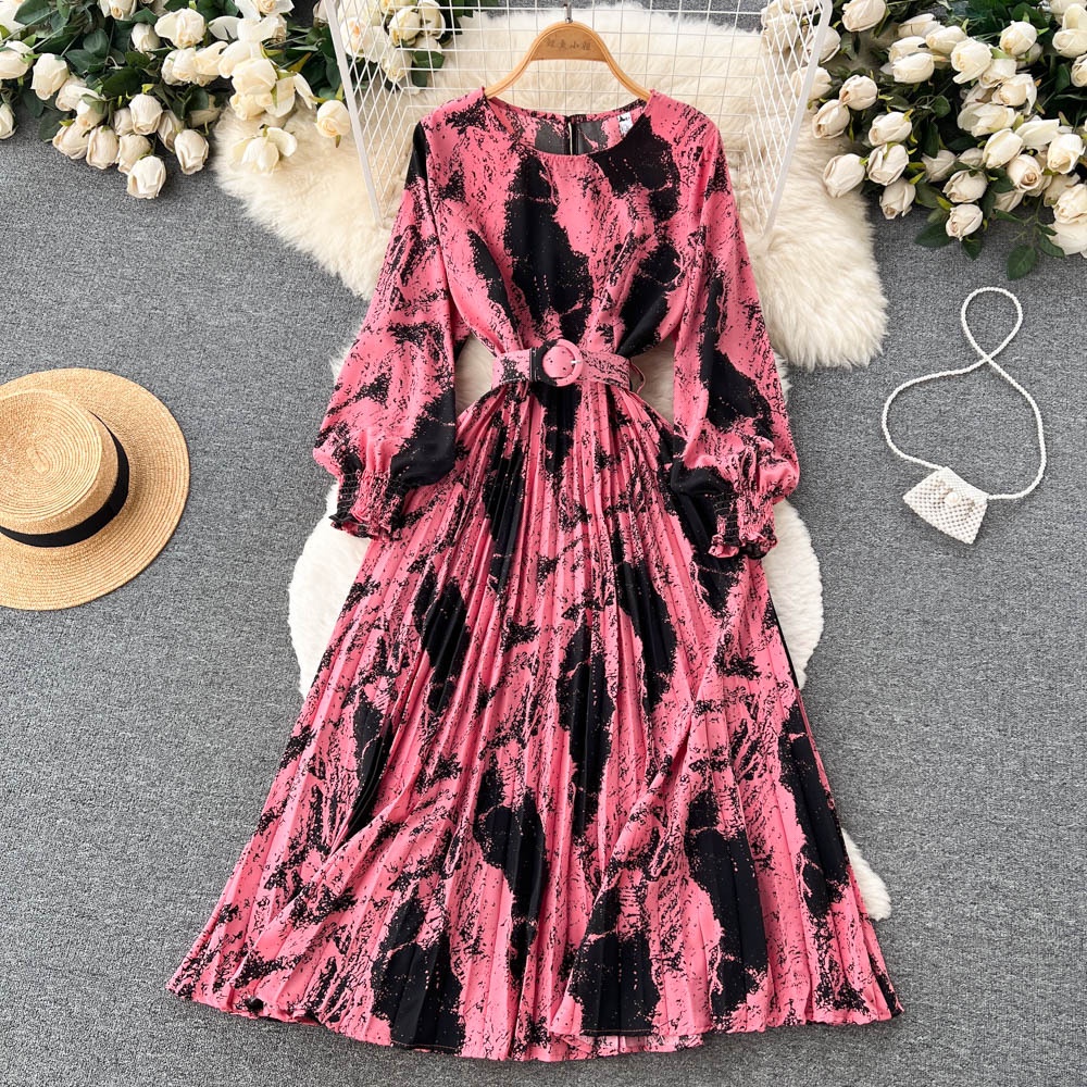 Đầm Dài Xếp Ly Cổ Đứng In Họa Tiết Phong Cách Retro Âu Mỹ