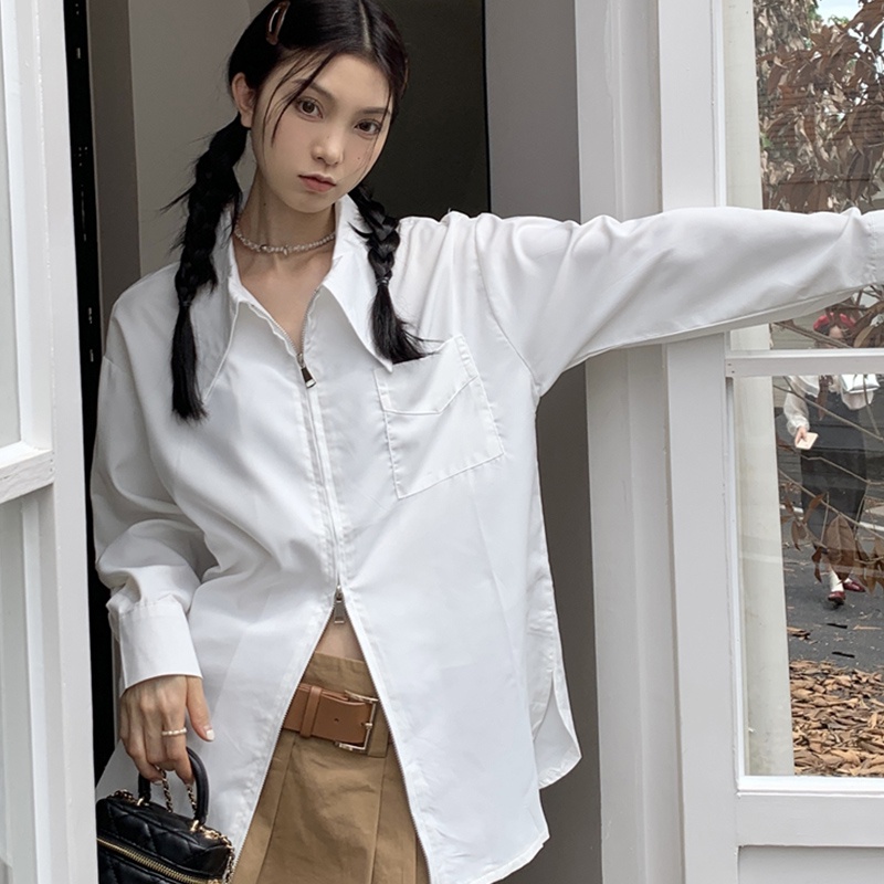Kaisike  Áo Sơ Mi Dài Tay Cổ Bẻ Phối Khóa Kéo Đôi Thời Trang