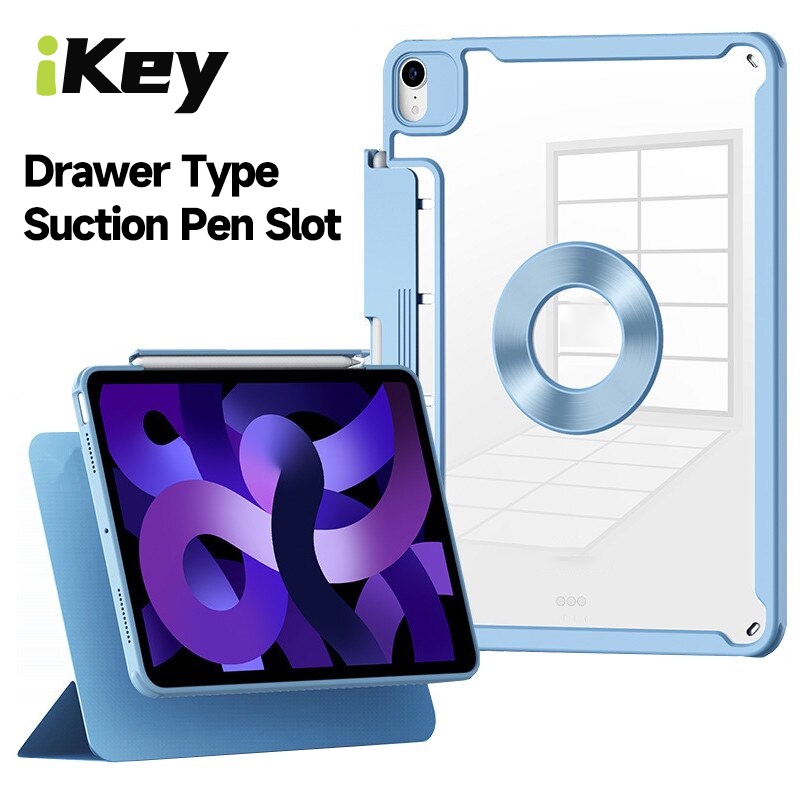 IKey Transparent Magnetic Detachable Acrylic With Drawer Pen Slot Case Casing  for iPad Pro 11 12.9 7th 8th 9th gen 10.2 Air 5 Air 4 10th gen 10.9 inch 2022 2021 2020 2018 Anti Bending Rotation Protective Cover