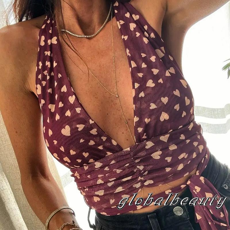 Áo Hai Dây Mùa Hè Họa Tiết Trái Tim Hở Lưng Gợi Cảm Cho Nữ