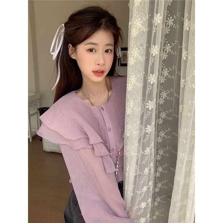 Áo Sơ Mi Chiffon Cổ Búp Bê Màu Tím Phong Cách Thời Trang Pháp Dành Cho Nữ