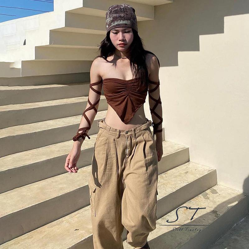 Áo Ống CY03 Kiểu Xếp Ly Không Dây Hở Lưng Phối Viền Độc Đáo Thời Trang Mùa Hè Cho Nữ