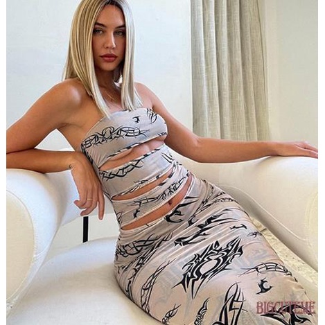 Đầm Dài Không Tay Hở Lưng In Biểu Tượng Thời Trang Dành Cho Nữ