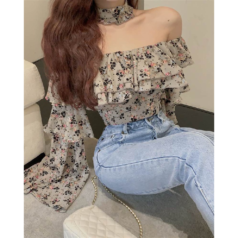 New French flounced floral shirt one-shoulder chiffon long-sleeved shirt off-shoulder sexy short printed shirt