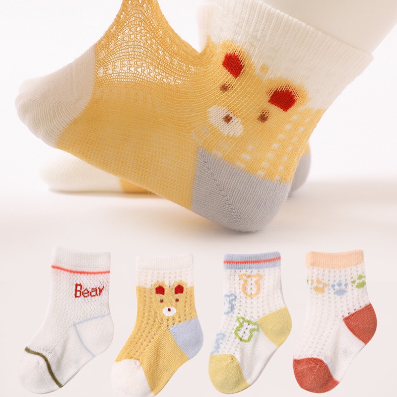 Set 4 đôi vớ KOKOROCARE YSZ-73 vải lưới họa tiết mèo cam dễ thương mùa hè cho bé trai và bé gái 1 tháng-5 tuổi