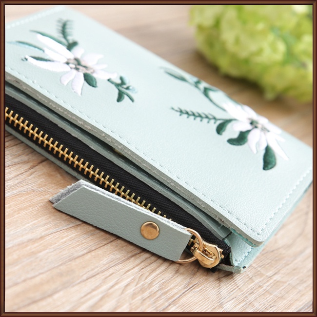 Ví Da Pu Mỏng Có Khóa Kéo Thêu Họa Tiết Xinh Xắn Cho Nữ Giá Đỡ