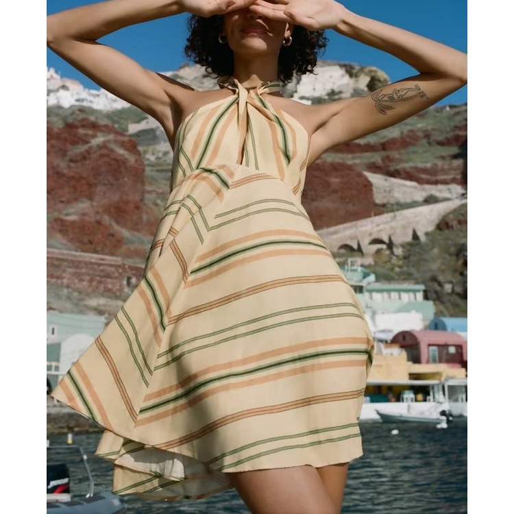 Zara Đầm Ngắn Vải Lanh Kẻ Sọc Hở Lưng Quyến Rũ Thời Trang Mùa Hè Cho Nữ 6929303