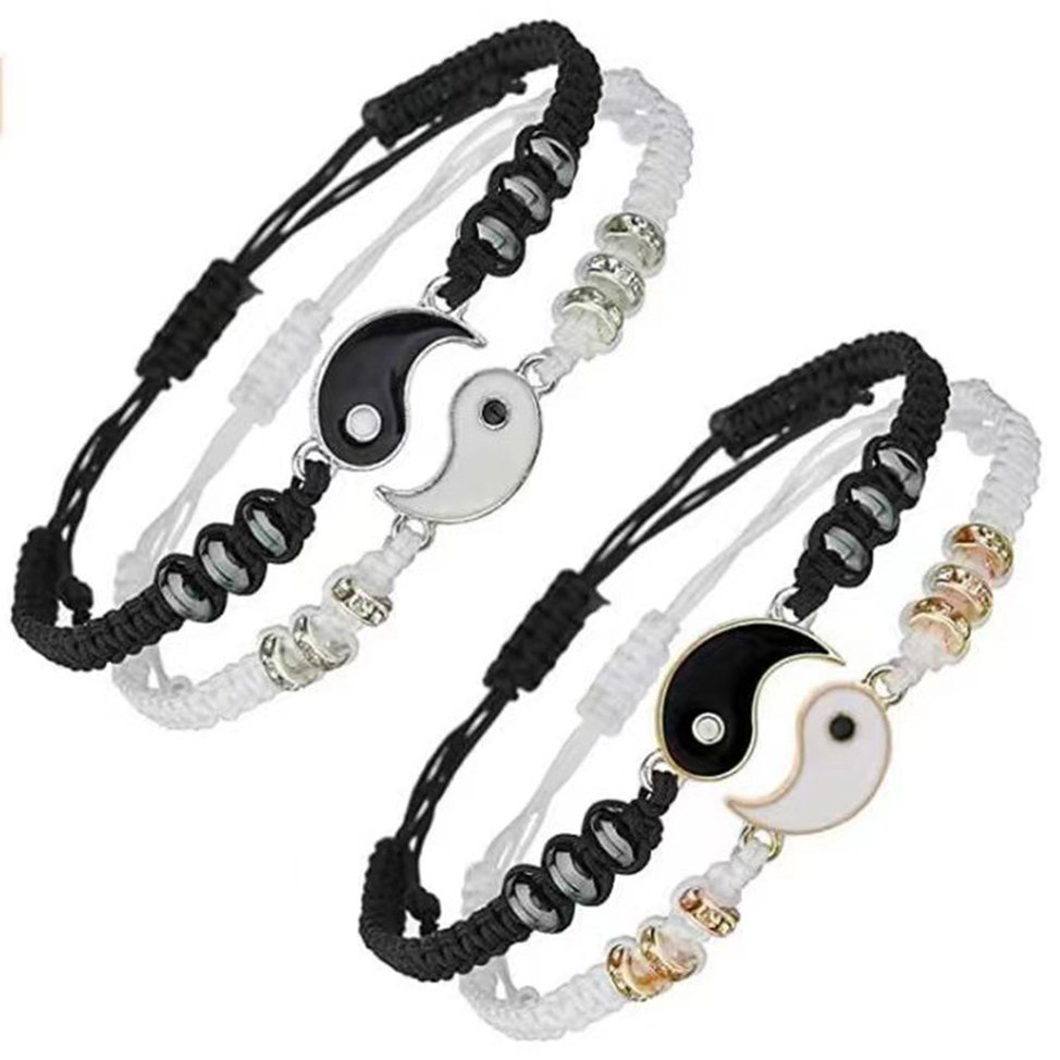Woven Rope Bracelet Yin Yang Beads Adjustable Couple Pairing Friendship Gift