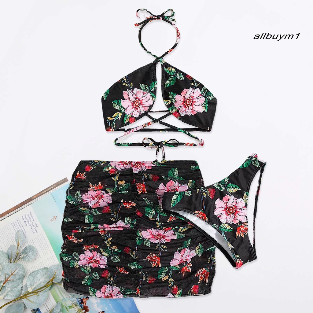 Bộ Đồ Bơi 3 Mảnh Gồm Áo Quấn Quanh Cổ Yếm Và Chân Váy In Họa Tiết Hoa Phong Cách Thể Thao Thời Trang Quyến Rũ Cho Nữ