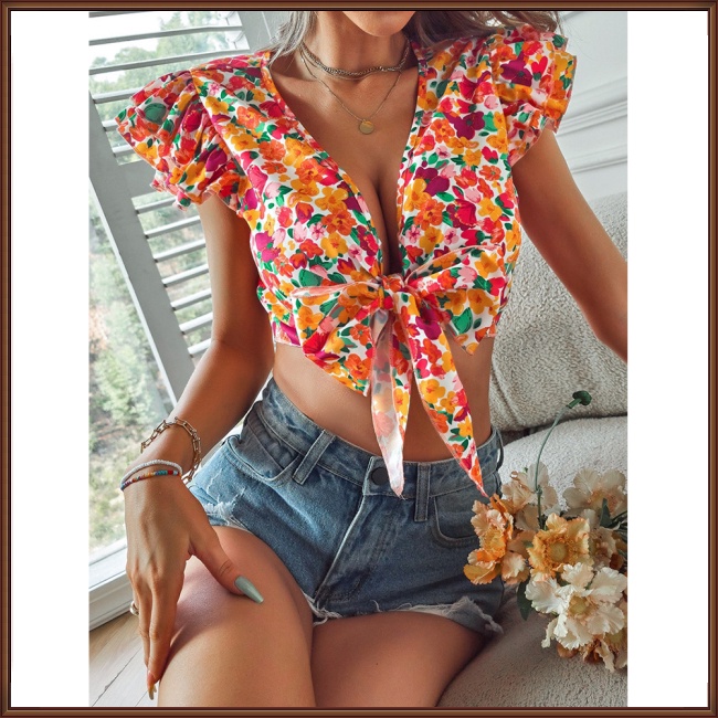 Áo Croptop Chiffon Tay Ngắn Dáng Rộng In Họa Tiết Hoa Đính Nơ Thời Trang Mùa Hè Xinh Xắn Cho Nữ