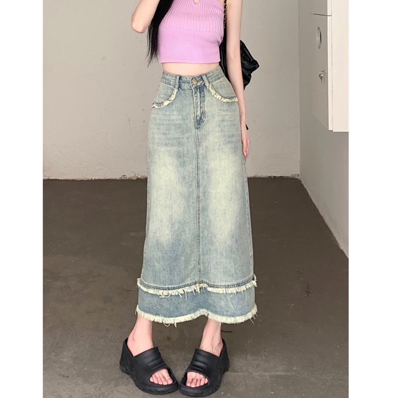 Chân Váy Denim Dài Dáng Chữ a Lưng RENJIANVSHENG Cao Thiết Kế Trẻ Trung Cho Nữ