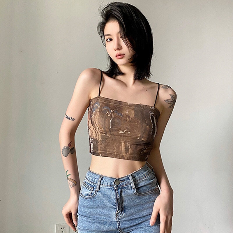 Weird Puss Áo Hai Dây In Tranh Sơn Dầu Nghệ Thuật Retro Mùa Hè Mát Mẻ Quyến Rũ Dành Cho Nữ Đi Du Lịch Nóng Bỏng