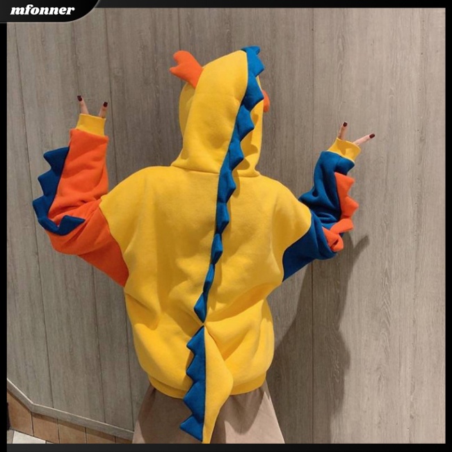 Áo Hoodie Tay Dài Dáng Rộng In Hình Khủng Long Phối Màu Tương Phản Thời Trang Cho Nữ