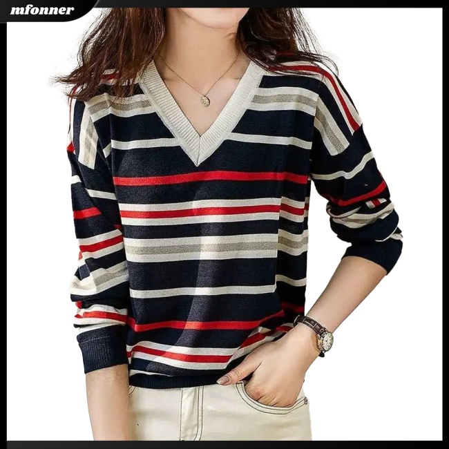 Áo Dệt Kim Nữ Dài Tay Cổ Chữ V Phối Màu Tương Phản Thời Trang