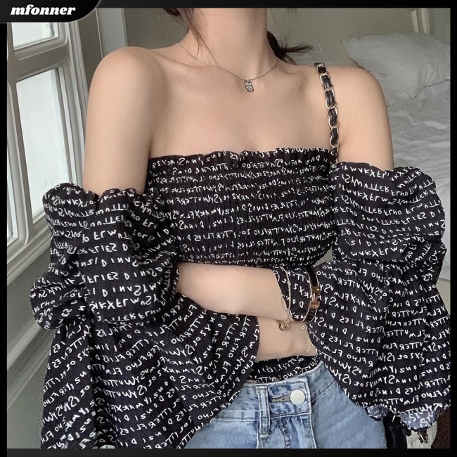 Áo Kiểu Trễ Vai Tay Ngắn Phồng In Chữ Thời Trang Mùa Hè Quyến Rũ Cho Nữ