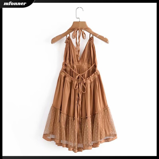 Đầm Hai Dây Cổ Chữ V Phối Lưới Màu Sắc Trơn Thời Trang Mùa Hè Cho Nữ