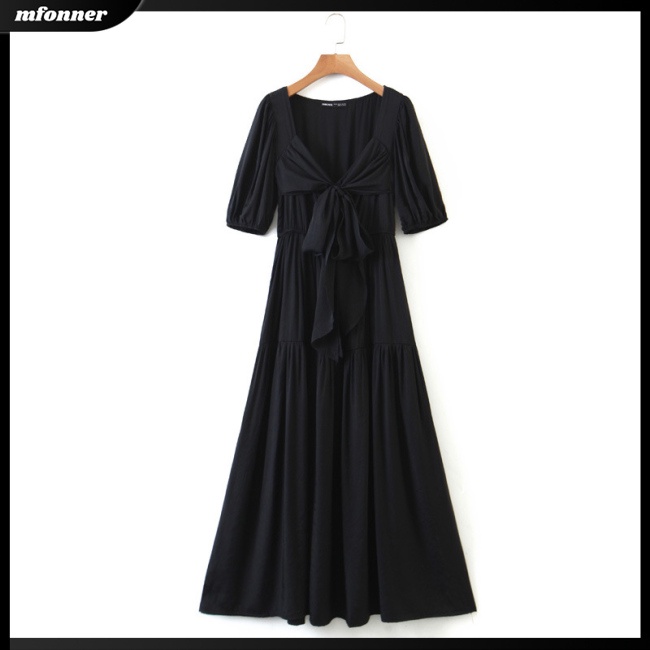 Đầm Dài Tay Ngắn Phồng Cổ Chữ V Màu Trơn Thanh Lịch Thời Trang Mùa Hè Dành Cho Nữ