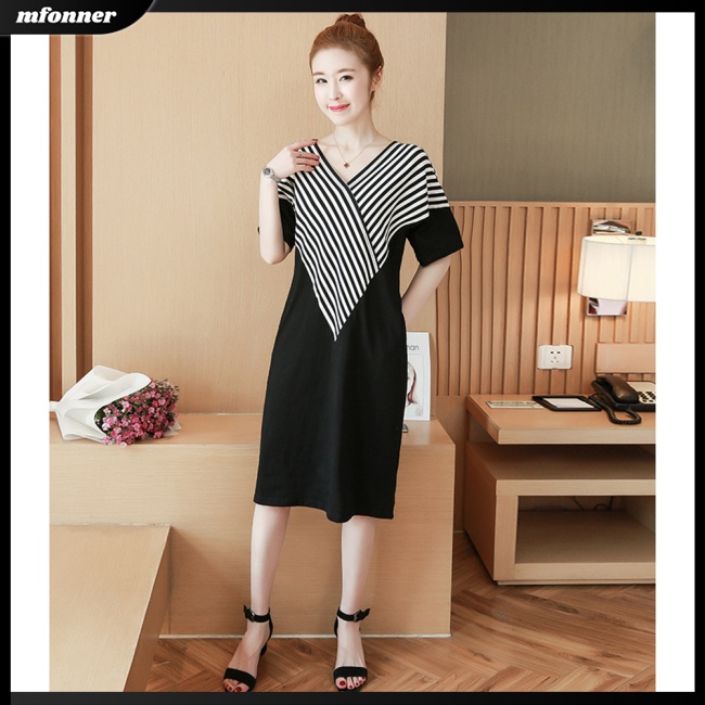 Đầm Midi Tay Ngắn Cổ Chữ V Họa Tiết Kẻ Sọc Thời Trang Cho Nữ