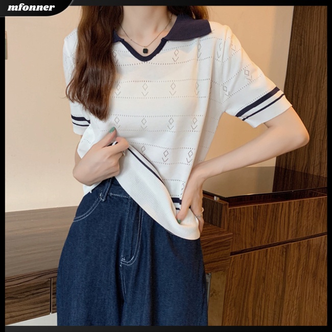 Áo Sweater Dệt Kim Tay Ngắn Kẻ Sọc Màu Sắc Tương Phản Thời Trang Cho Nữ