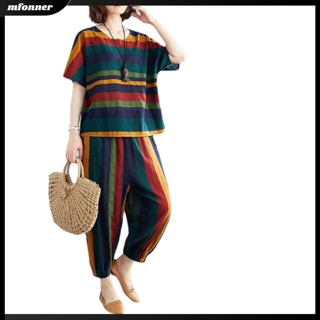 Bộ Trang Phục 2 Mảnh Gồm Áo Tay Ngắn Kẻ Sọc + Quần Harem Thân Thiện Với Da Cổ Tròn Thời Trang