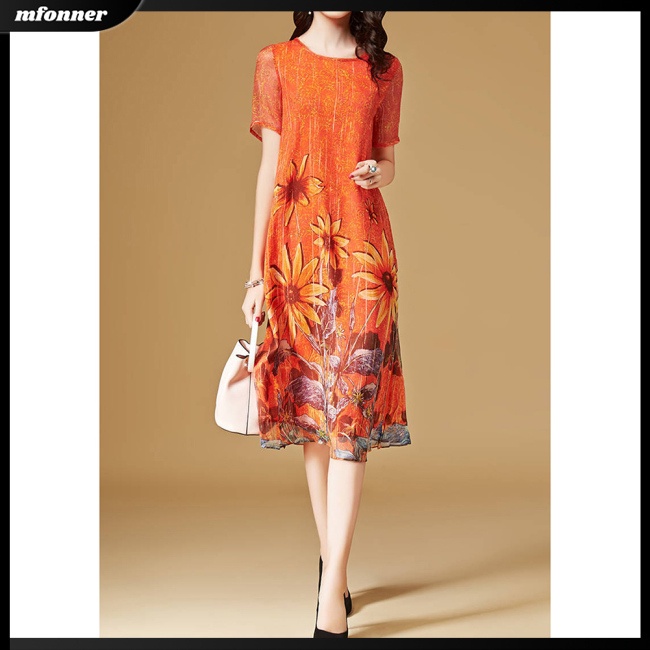 Đầm Tay Ngắn Cổ Tròn Dài Đến Đầu Gối Vải Lụa Sữa In Hoa Thời Trang Dự Tiệc Cho Bạn Gái