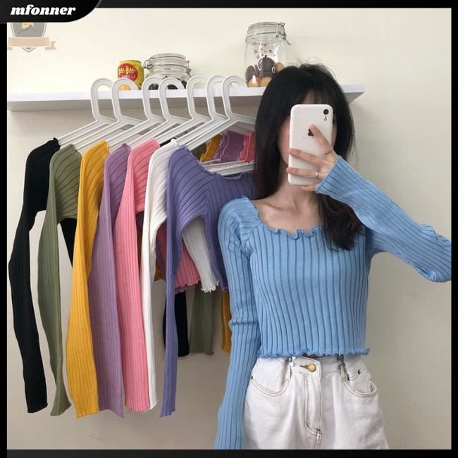 Áo Croptop Dệt Kim Tay Dài Cổ Vuông Màu Sắc Đơn Giản Cho Nữ