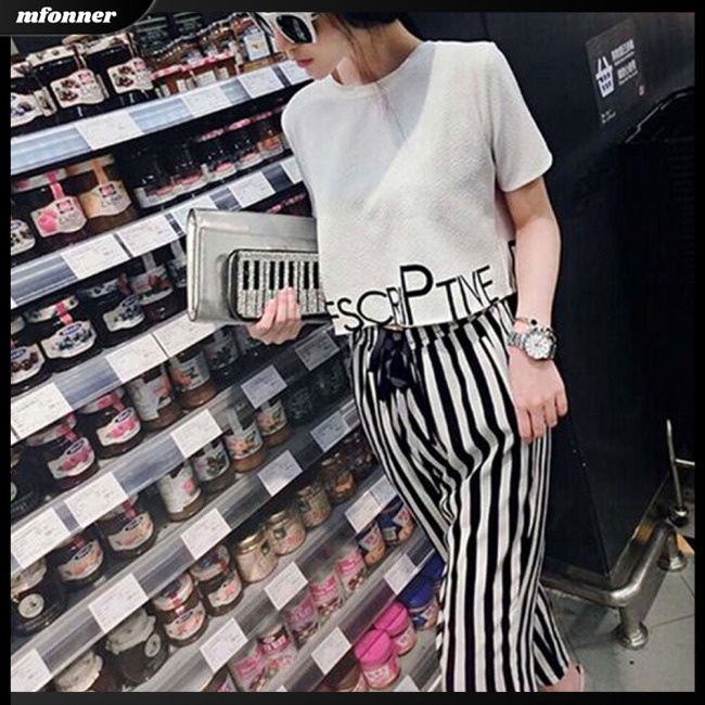 Set Áo Sơ Mi Ngắn Tay In Họa Tiết + Quần Dài Kẻ Sọc Thời Trang Mùa Hè Cho Nữ