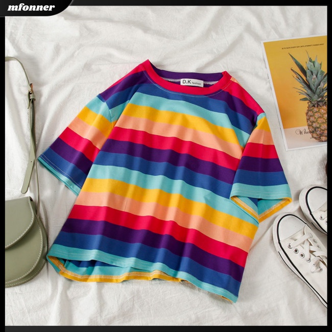 Áo Thun Tay Ngắn Dáng Rộng Họa Tiết Kẻ Sọc Thời Trang Mùa Hè Cho Nữ