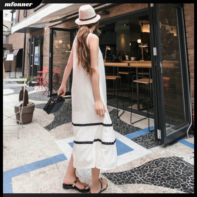 Đầm Sát Nách Dáng Rộng Vải Lụa Sữa In Họa Tiết Kẻ Sọc Cá Tính Cho Nữ