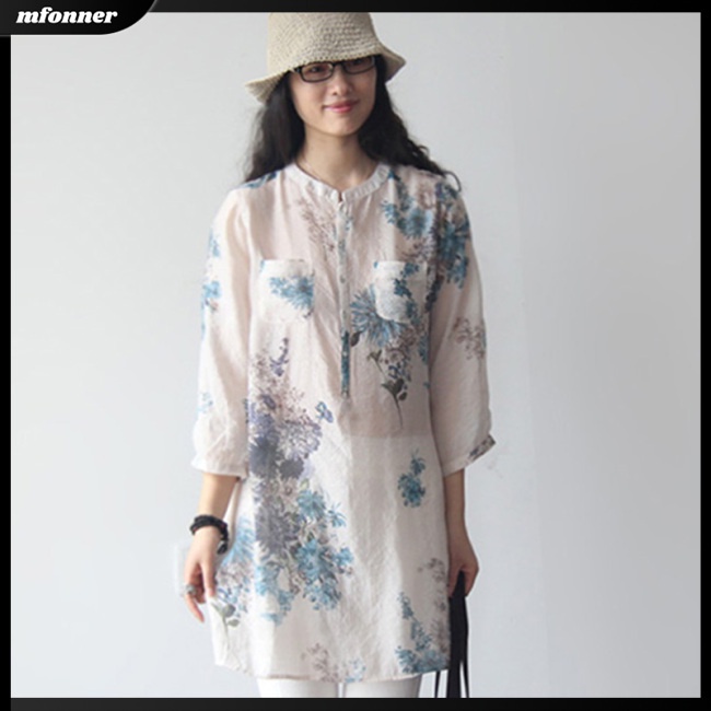 Áo Sơ Mi Rộng Bằng Vải Lanh Cotton In Hình Hoa Dành Cho Nữ Size Lớn