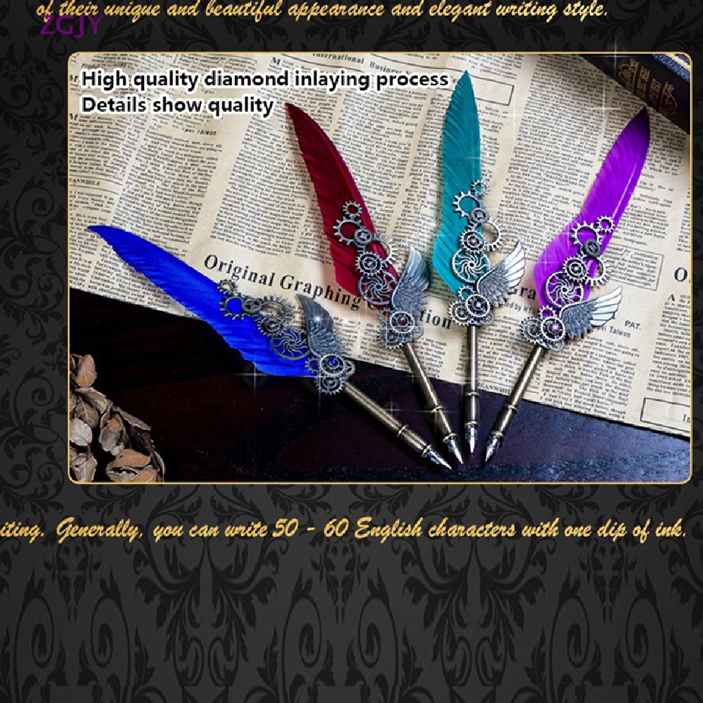 1 Set Bút Mực Nước Bằng Kim Loại Hình Lông Vũ Phong Cách Cổ Điển Mới