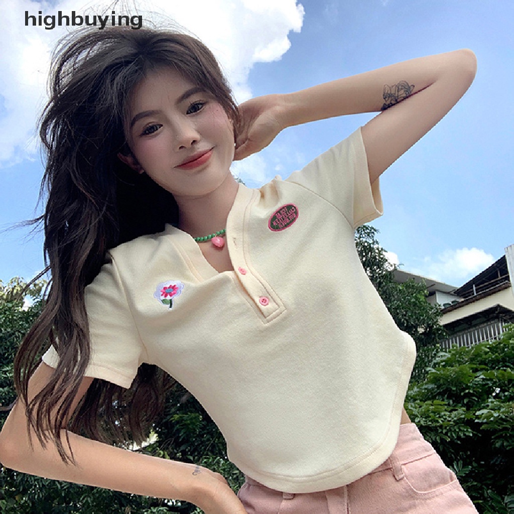 Áo Thun Lửng Ngắn Tay Cổ V Thêu Họa Tiết Thời Trang Cho Nữ