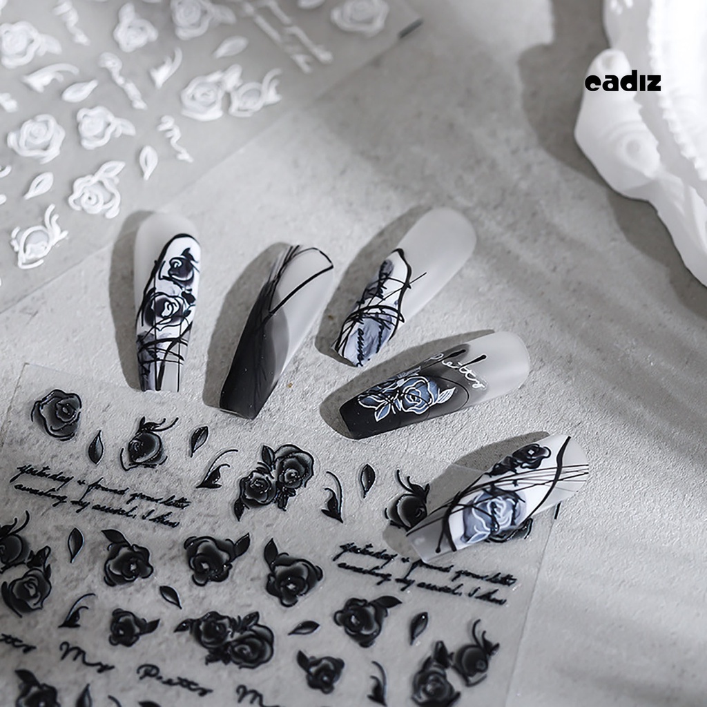 Miếng Dán Trang Trí Móng Tay Tự Dính Họa Tiết Hoa Hồng Trắng Đen Dùng Một Lần