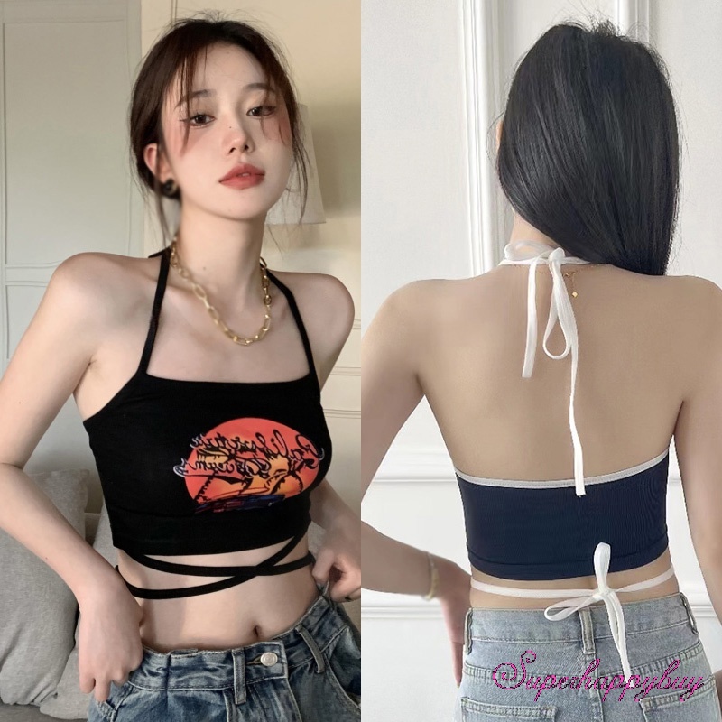 Áo Yếm Lửng Hai Dây Có Đệm Ngực In Họa Tiết Phong Cách Mỹ Dành Cho Nữ