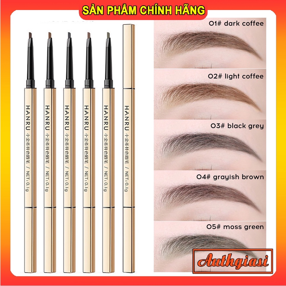 Chì kẻ mày Hanru vỏ mạ vàng, ngòi mảnh, 2 đầu tiện lợi màu tự nhiên