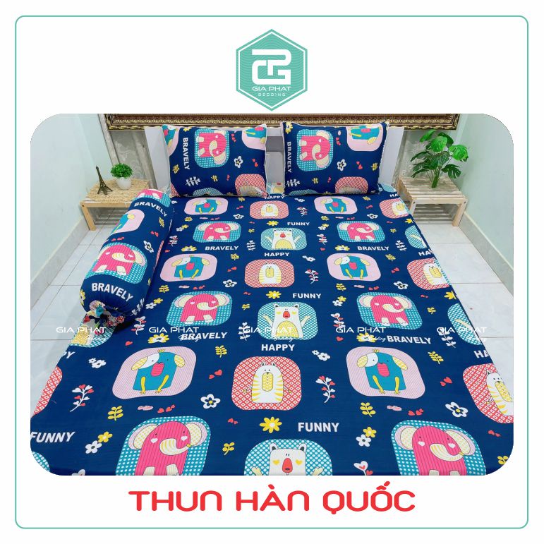 [HCM]Bộ ga giường, Ga trải giường Thun Lạnh Hàn Quốc 4 món họa tiết Hoạt hình (1 ga bọc + 2 vỏ gối nằm + 1 vỏ gối ôm)