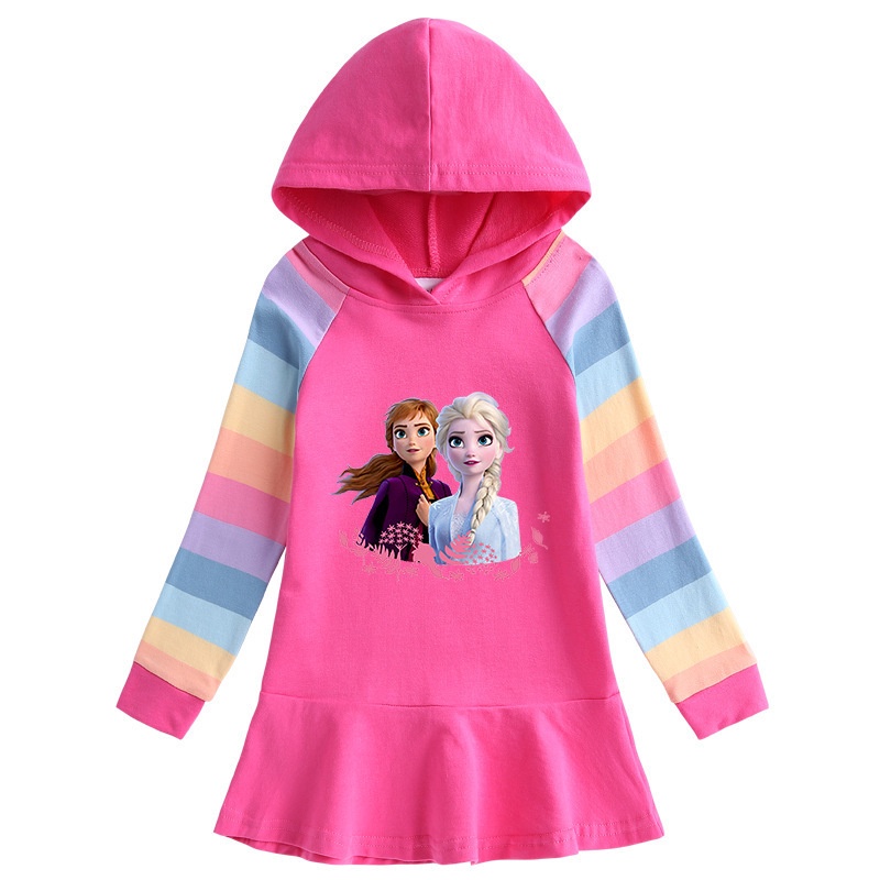 Đầm Hoodie Tay Dài In Hình Elsa Anna Hoạt Hình Dành Cho Bé Gái
