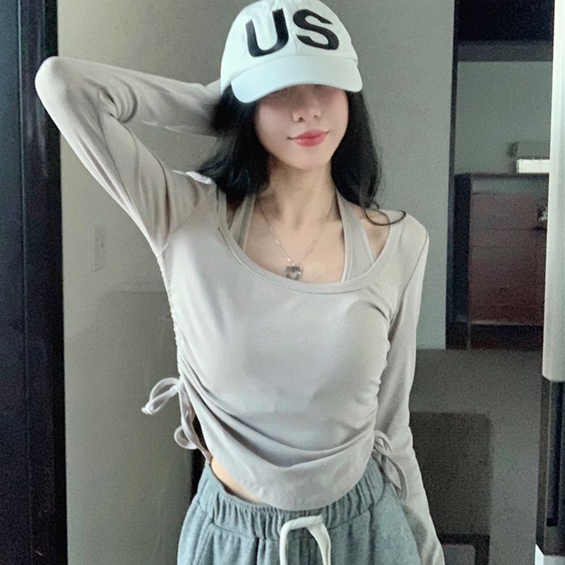 IELGY   Áo Thun Cổ Yếm Rút Dây Màu Trơn IELGY    Cho Nữ