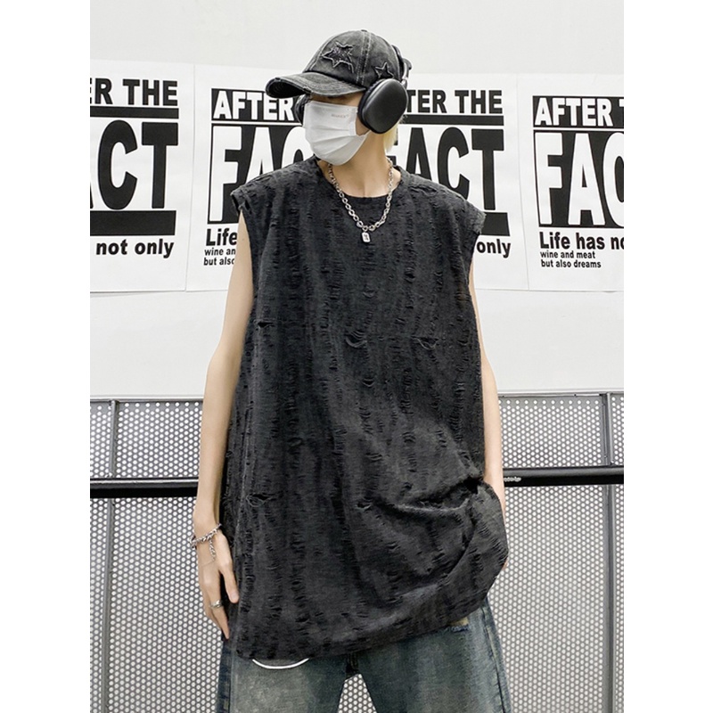 Áo Thun Sát Nách Dáng Rộng Phối Rách Cá Tính Cho Nam