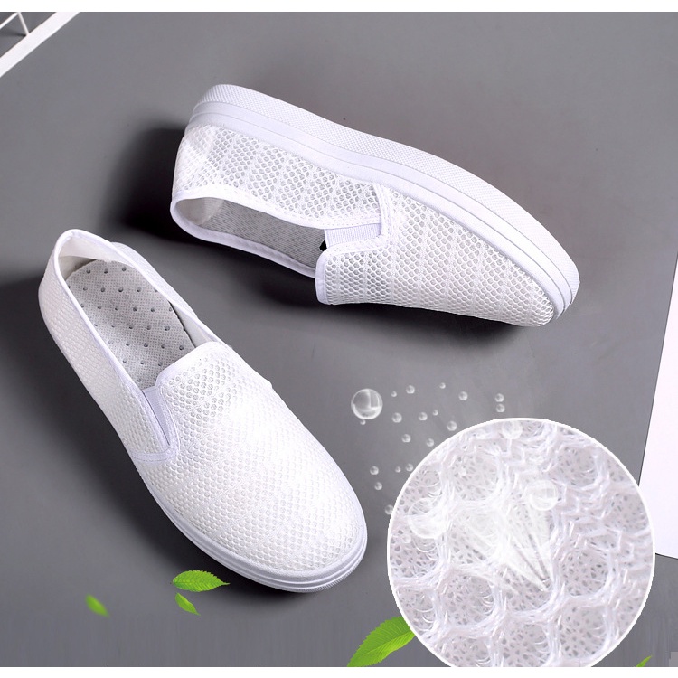 Giày Slip-on Vải Thoáng Khí, Màu Trắng Đen, Giày Nữ Đế Bằng GN37