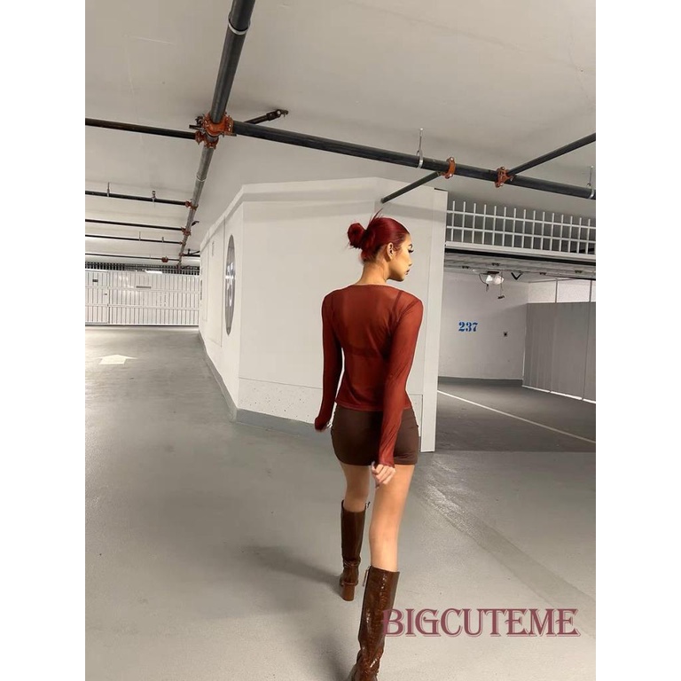 [] Áo Crop Top Lưới Mỏng Tay Dài Xuyên Thấu Cổ Tròn In Họa Tiết Vintage Ôm Dáng Phong Cách Đường Phố Mùa Xuân Cho Nữ